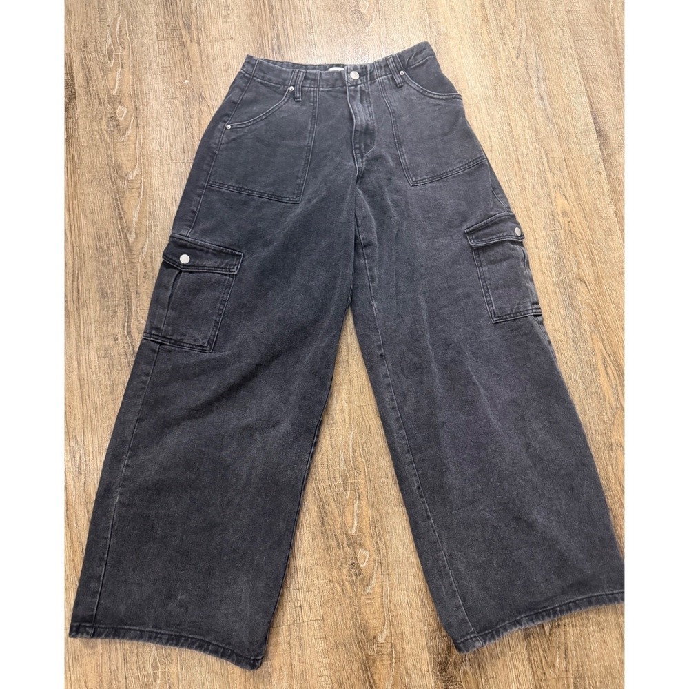 Princess Polly Black Cargo Jeans Wide Leg High Waisted Denim Pants Size US 4